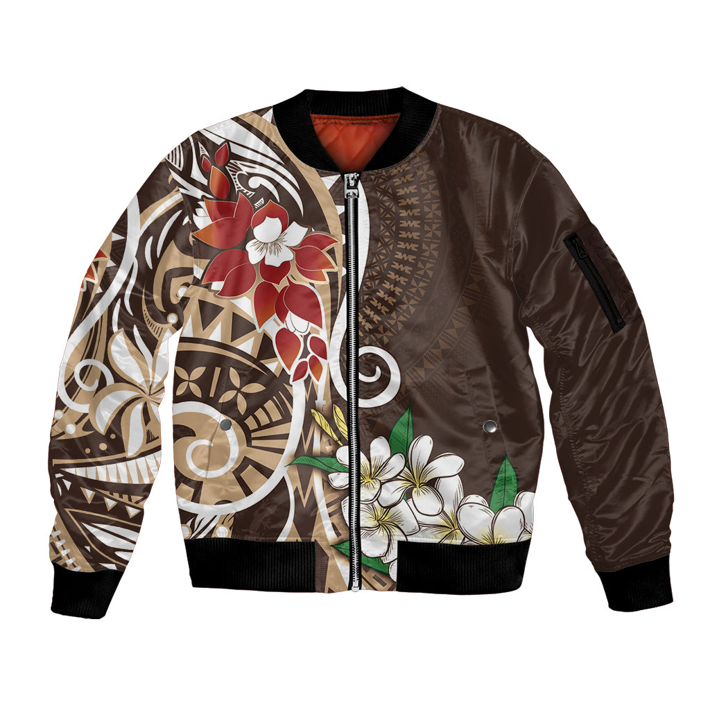Bula Fiji Tagimaucia Mix Plumeria Masi Tapa Sleeve Zip Bomber Jacket Brown LT7 Unisex Brown - Polynesian Pride