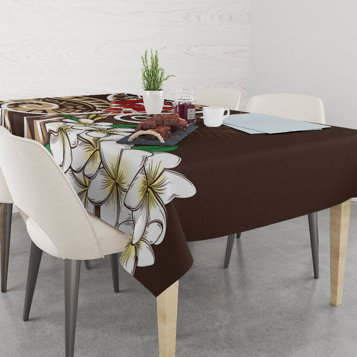 Bula Fiji Tagimaucia Mix Plumeria Masi Tapa Tablecloth Brown
