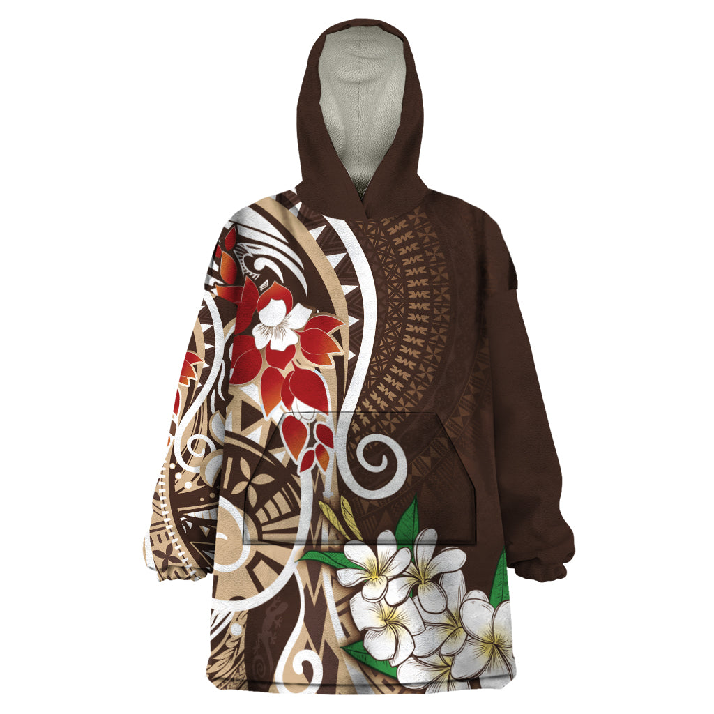 Bula Fiji Tagimaucia Mix Plumeria Masi Tapa Wearable Blanket Hoodie Brown LT7 One Size Brown - Polynesian Pride