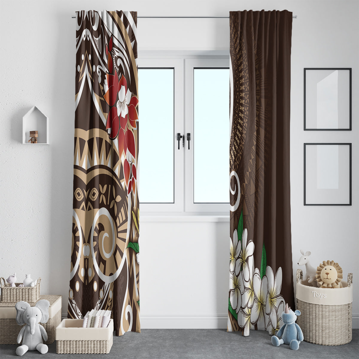 Bula Fiji Tagimaucia Mix Plumeria Masi Tapa Window Curtain Brown