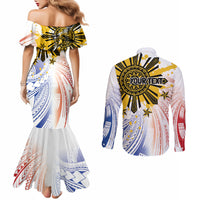 Philippines Independence Day Couples Matching Mermaid Dress and Long Sleeve Button Shirt Eagle Mix Filipino Flag Tribal Style