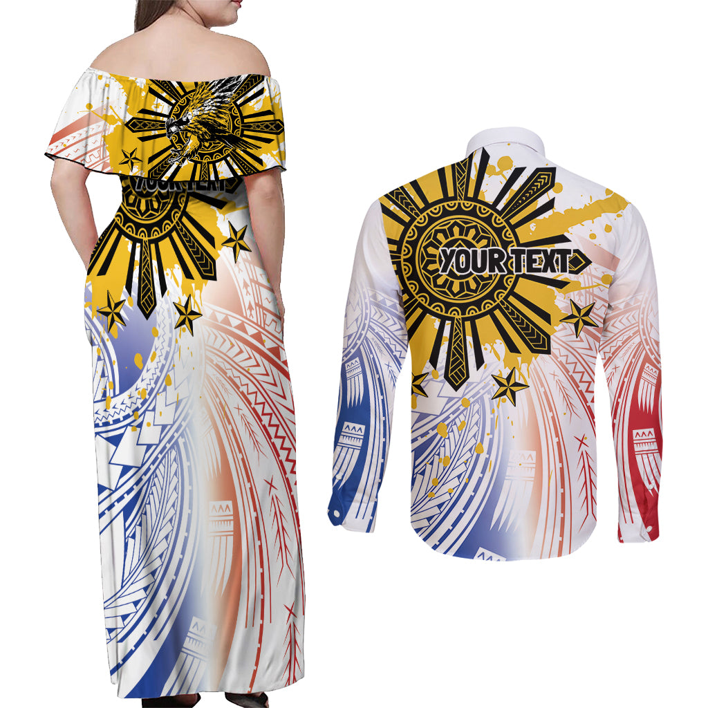 Philippines Independence Day Couples Matching Off Shoulder Maxi Dress and Long Sleeve Button Shirt Eagle Mix Filipino Flag Tribal Style