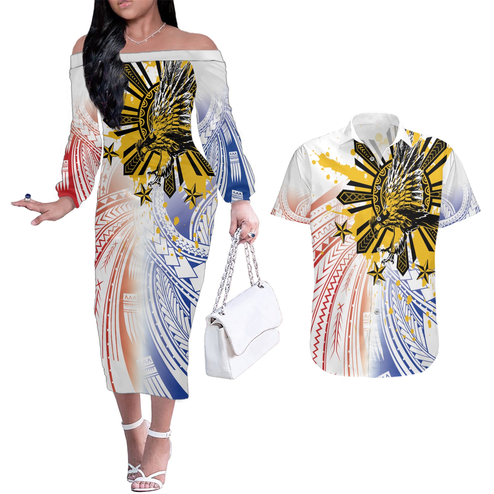 Philippines Independence Day Couples Matching Off The Shoulder Long Sleeve Dress and Hawaiian Shirt Eagle Mix Filipino Flag Tribal Style