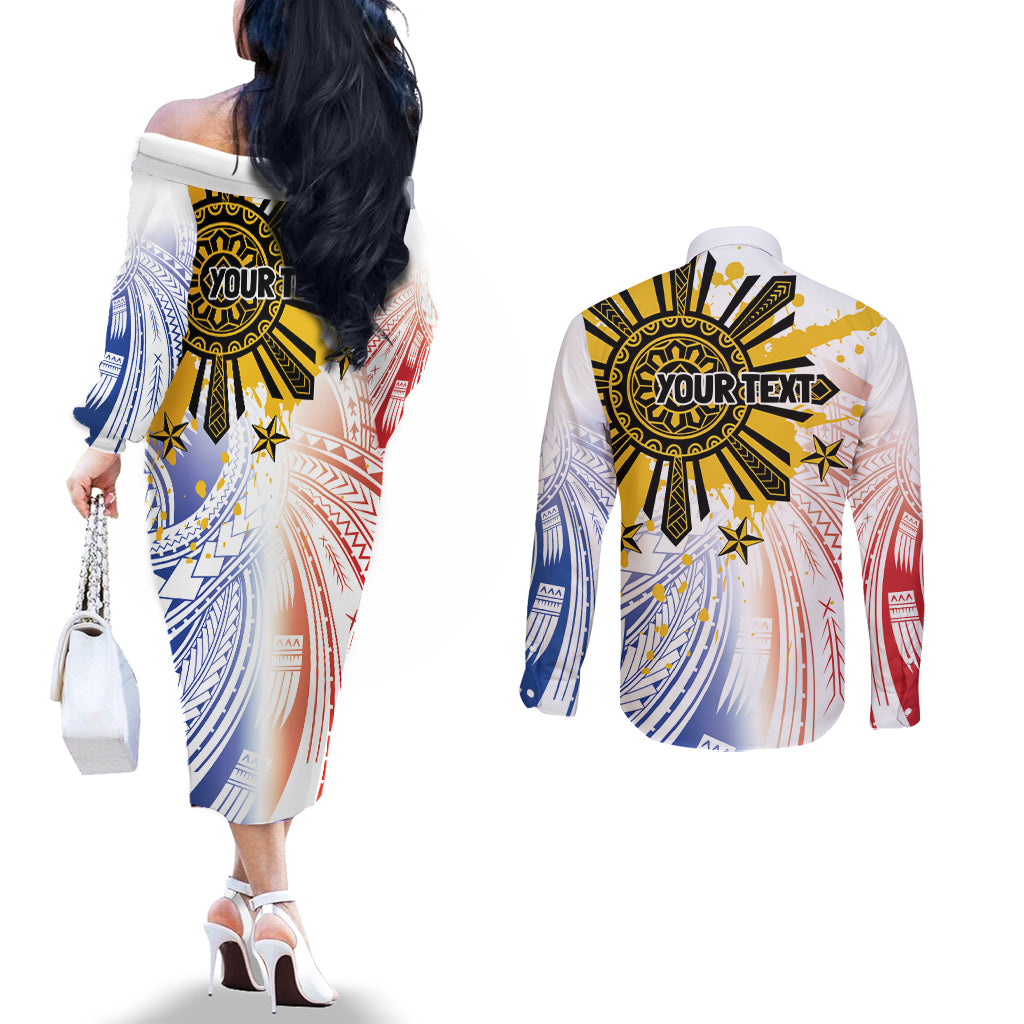 Philippines Independence Day Couples Matching Off The Shoulder Long Sleeve Dress and Long Sleeve Button Shirt Eagle Mix Filipino Flag Tribal Style