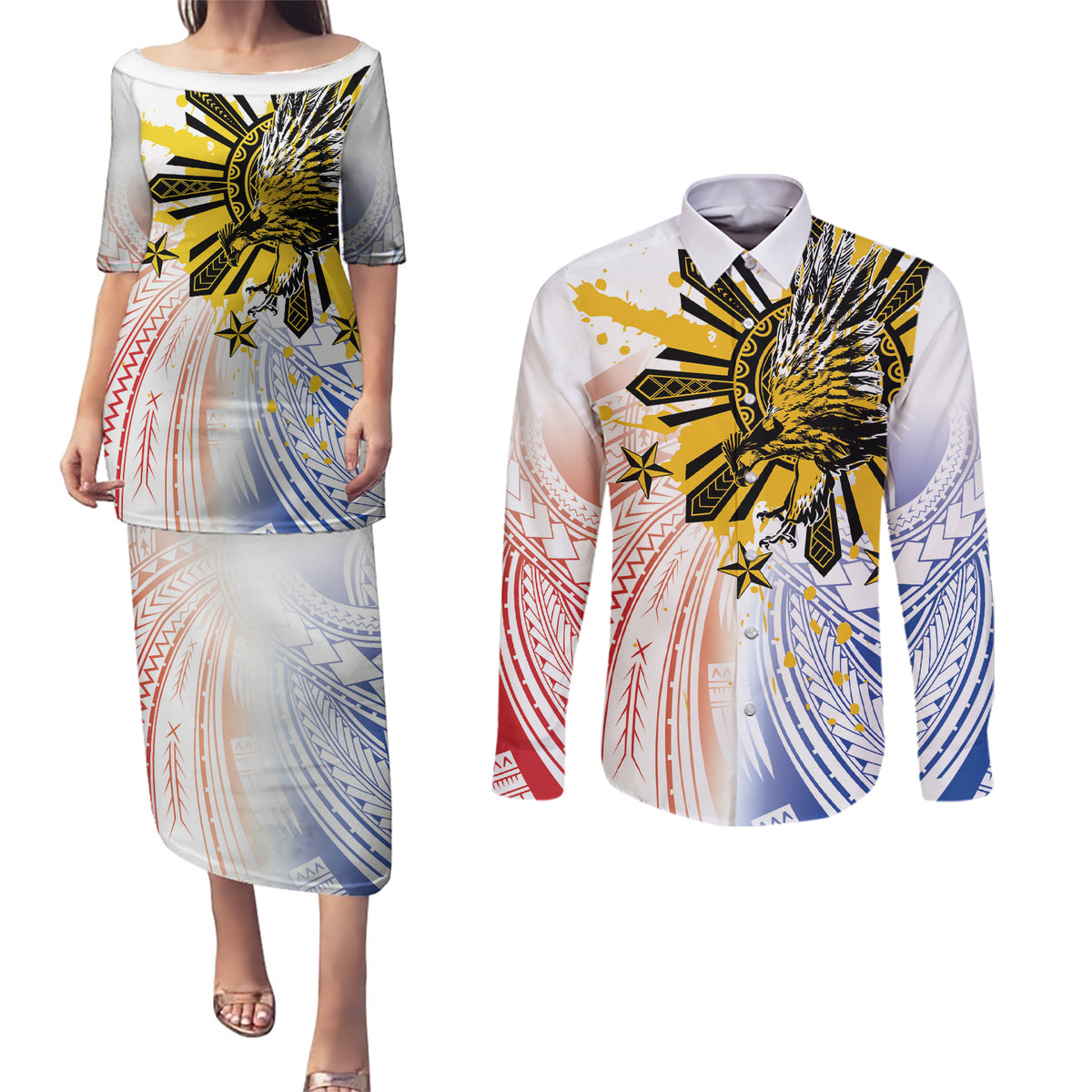 Philippines Independence Day Couples Matching Puletasi and Long Sleeve Button Shirt Eagle Mix Filipino Flag Tribal Style