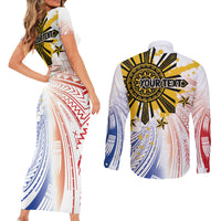 Philippines Independence Day Couples Matching Short Sleeve Bodycon Dress and Long Sleeve Button Shirt Eagle Mix Filipino Flag Tribal Style