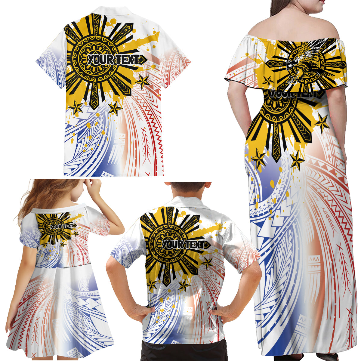 Philippines Independence Day Family Matching Off Shoulder Maxi Dress and Hawaiian Shirt Eagle Mix Filipino Flag Tribal Style
