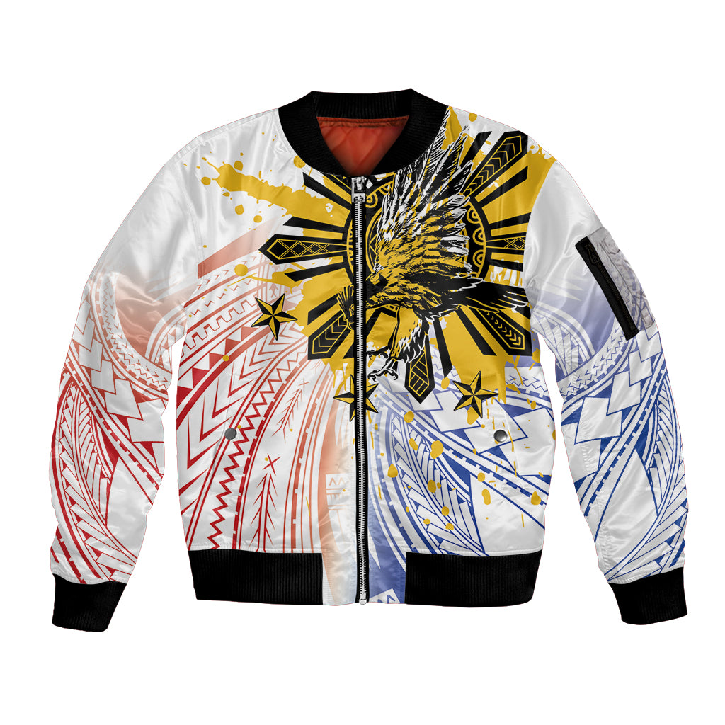 Philippines Independence Day Sleeve Zip Bomber Jacket Eagle Mix Filipino Flag Tribal Style