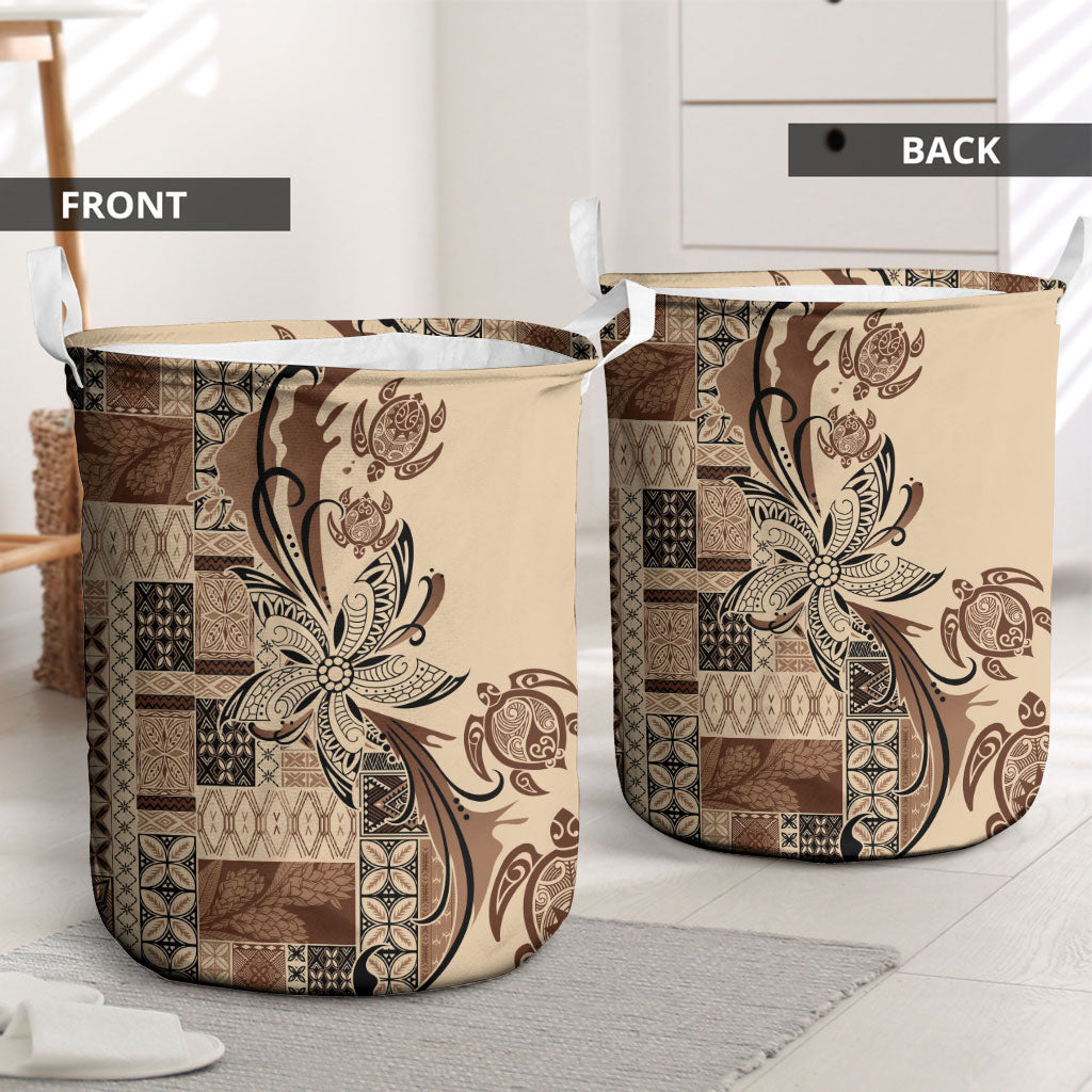 Talofa Samoa Mamanu Siapo Mix Malu Laundry Basket Classic Beige Frangipani and Turtles