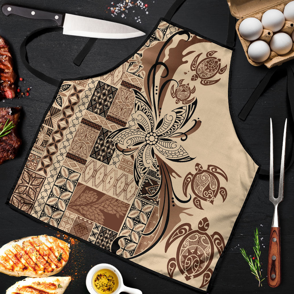 Talofa Samoa Mamanu Siapo Mix Malu Apron Classic Beige Frangipani and Turtles