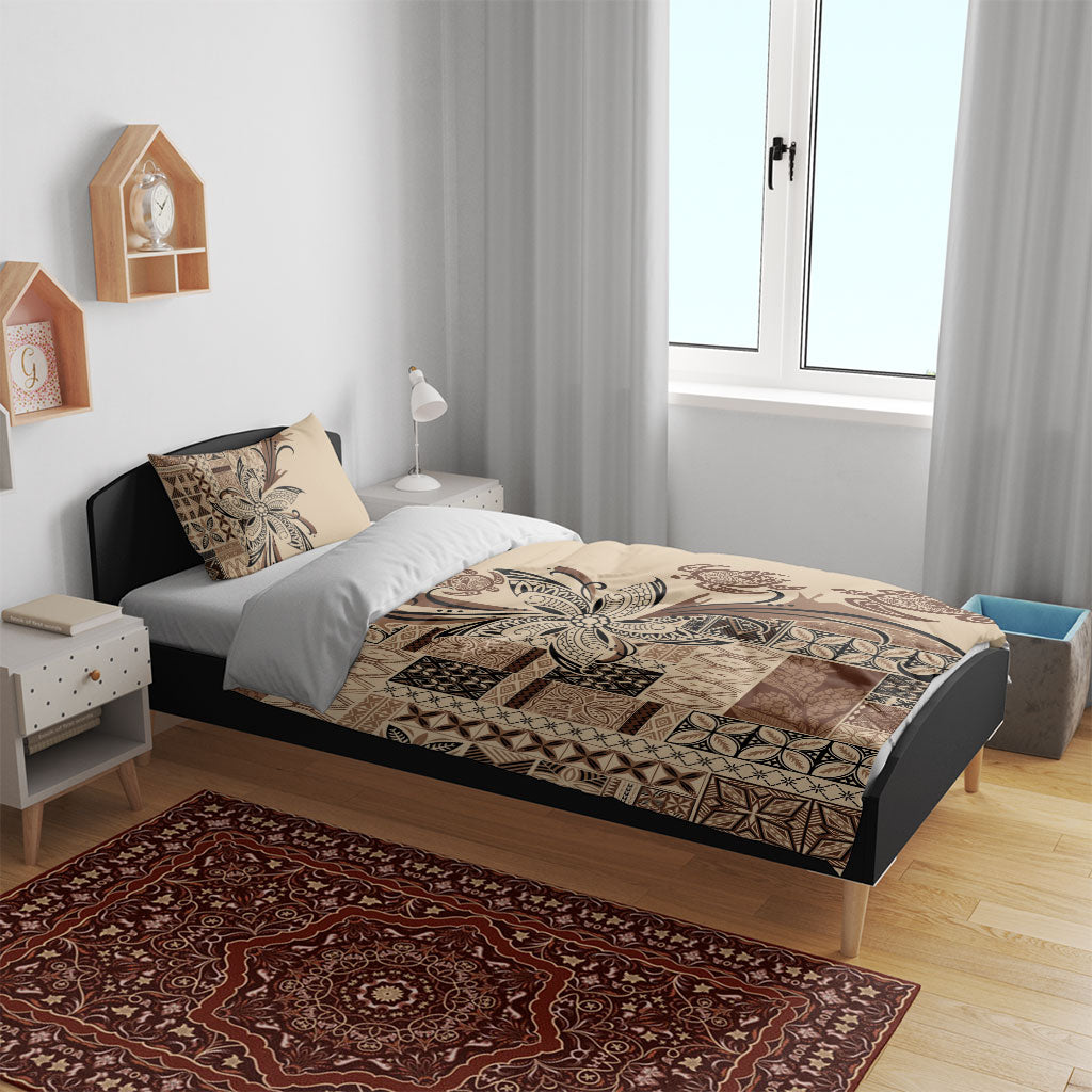 Talofa Samoa Mamanu Siapo Mix Malu Bedding Set Classic Beige Frangipani and Turtles