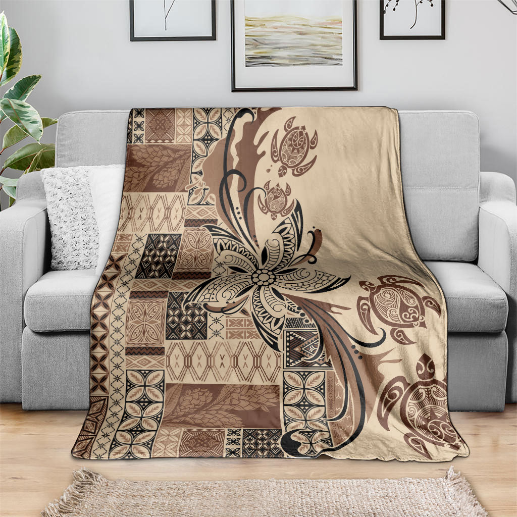 Talofa Samoa Mamanu Siapo Mix Malu Blanket Classic Beige Frangipani and Turtles