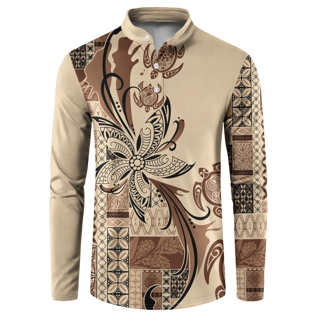 Talofa Samoa Mamanu Siapo Mix Malu Button Sweatshirt Classic Beige Frangipani and Turtles