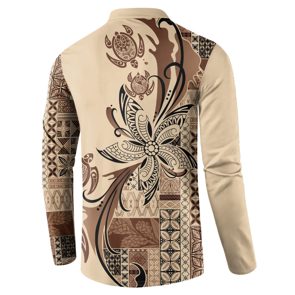 Talofa Samoa Mamanu Siapo Mix Malu Button Sweatshirt Classic Beige Frangipani and Turtles