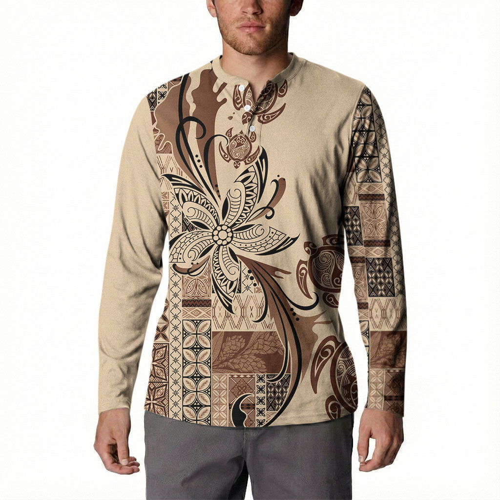 Talofa Samoa Mamanu Siapo Mix Malu Button Sweatshirt Classic Beige Frangipani and Turtles