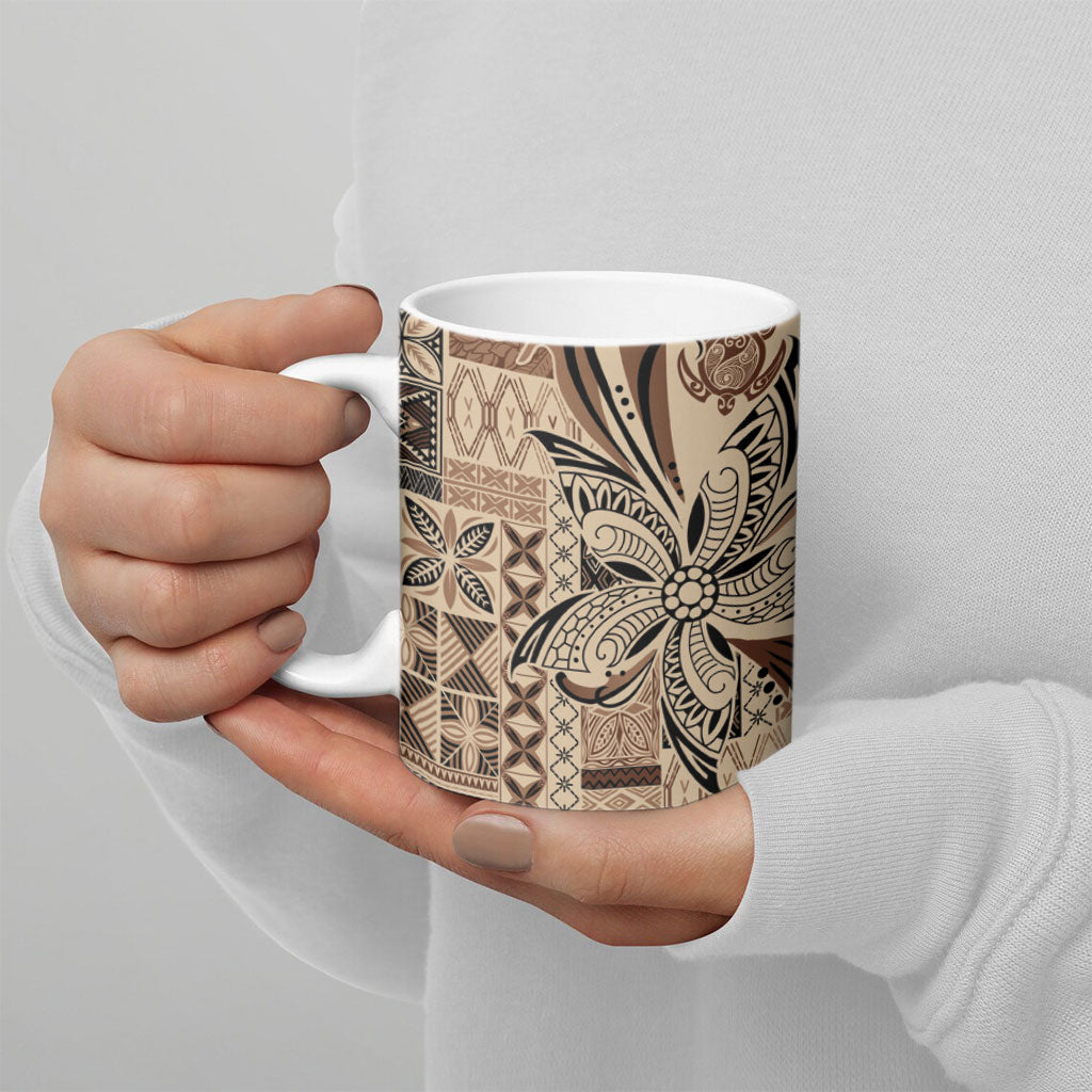 Talofa Samoa Mamanu Siapo Mix Malu Ceramic Mug Classic Beige Frangipani and Turtles