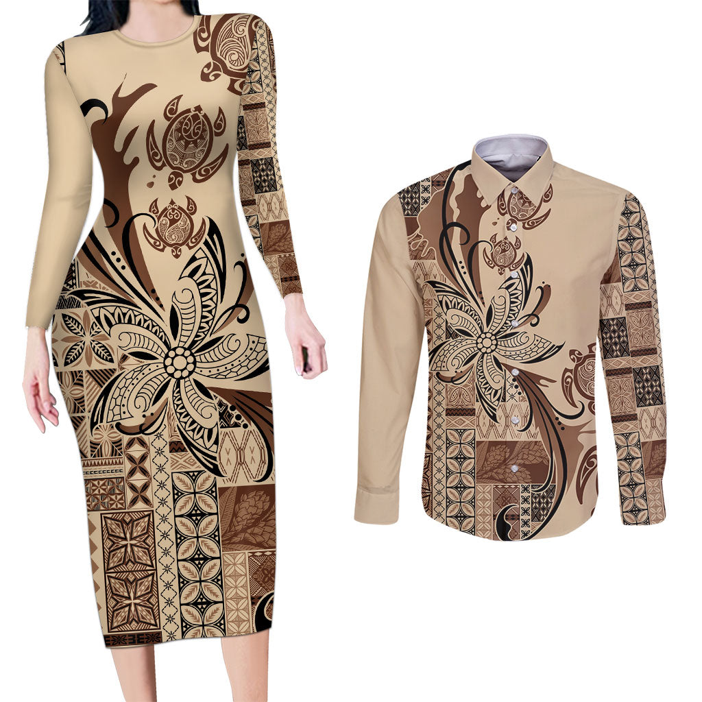 Talofa Samoa Mamanu Siapo Mix Malu Couples Matching Long Sleeve Bodycon Dress and Long Sleeve Button Shirt Classic Beige Frangipani and Turtles