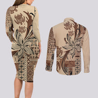 Talofa Samoa Mamanu Siapo Mix Malu Couples Matching Long Sleeve Bodycon Dress and Long Sleeve Button Shirt Classic Beige Frangipani and Turtles