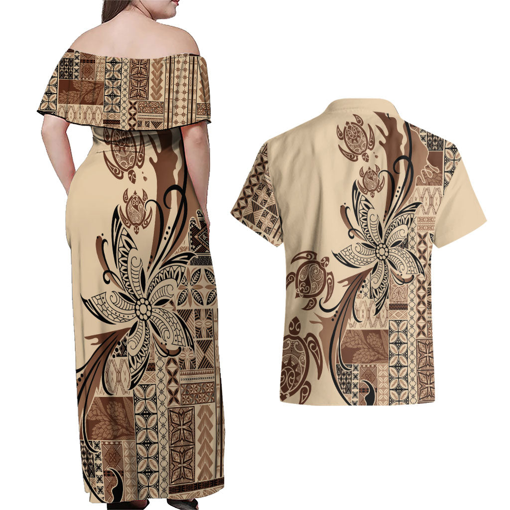 Talofa Samoa Mamanu Siapo Mix Malu Couples Matching Off Shoulder Maxi Dress and Hawaiian Shirt Classic Beige Frangipani and Turtles