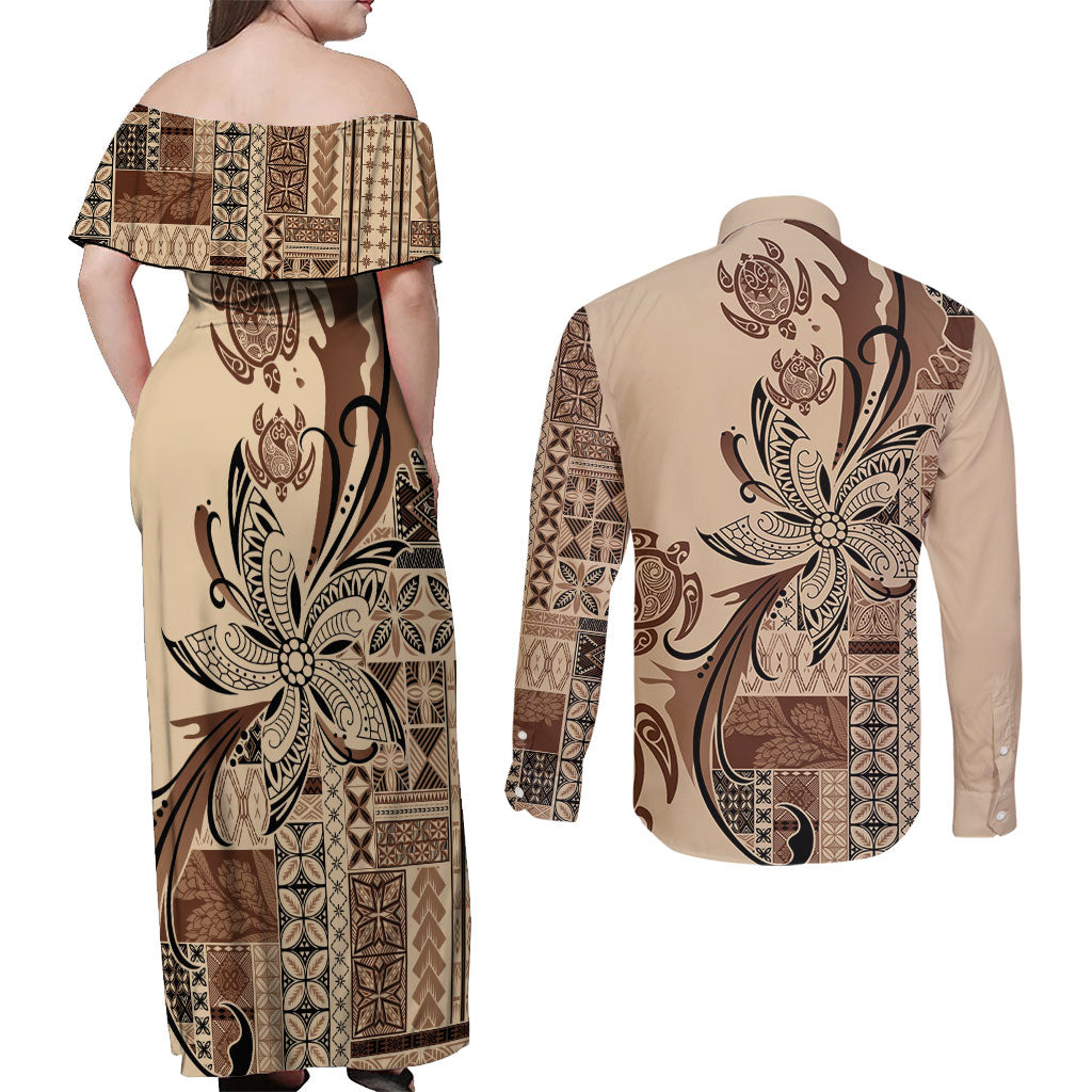 Talofa Samoa Mamanu Siapo Mix Malu Couples Matching Off Shoulder Maxi Dress and Long Sleeve Button Shirt Classic Beige Frangipani and Turtles