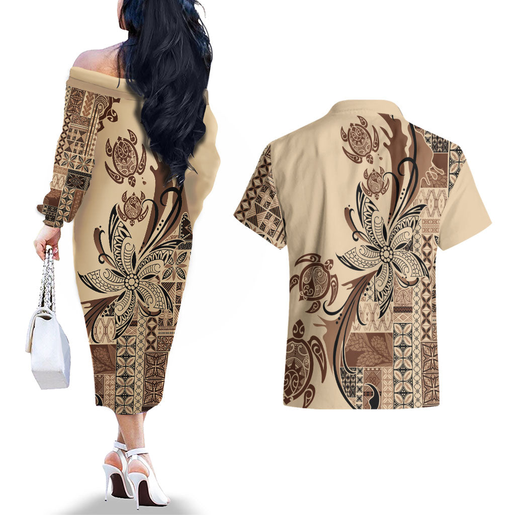 Talofa Samoa Mamanu Siapo Mix Malu Couples Matching Off The Shoulder Long Sleeve Dress and Hawaiian Shirt Classic Beige Frangipani and Turtles