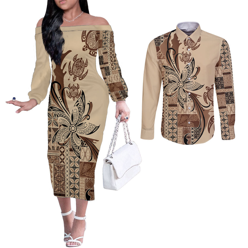 Talofa Samoa Mamanu Siapo Mix Malu Couples Matching Off The Shoulder Long Sleeve Dress and Long Sleeve Button Shirt Classic Beige Frangipani and Turtles
