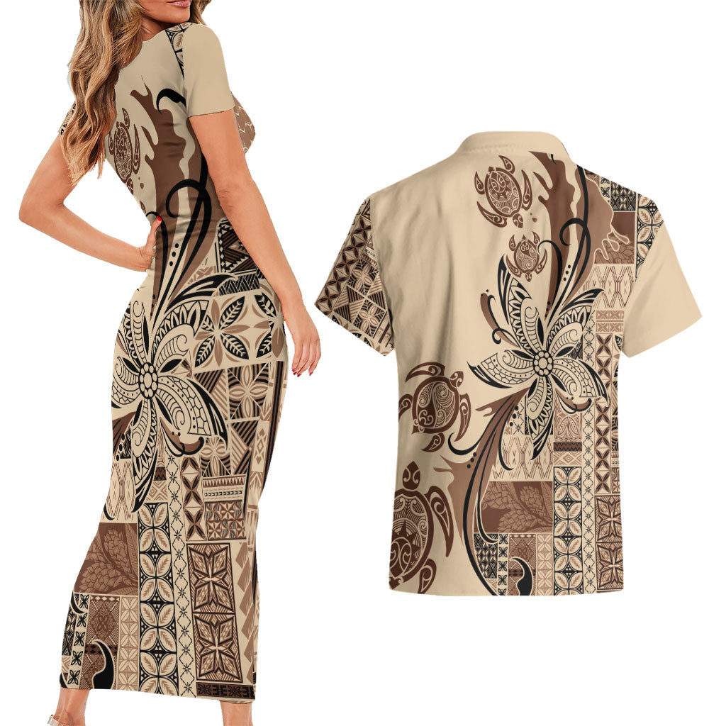 Talofa Samoa Mamanu Siapo Mix Malu Couples Matching Short Sleeve Bodycon Dress and Hawaiian Shirt Classic Beige Frangipani and Turtles