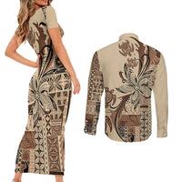 Talofa Samoa Mamanu Siapo Mix Malu Couples Matching Short Sleeve Bodycon Dress and Long Sleeve Button Shirt Classic Beige Frangipani and Turtles