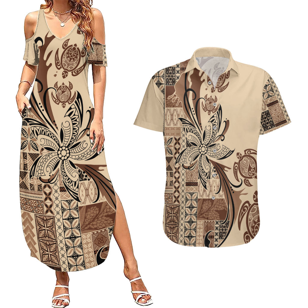 Talofa Samoa Mamanu Siapo Mix Malu Couples Matching Summer Maxi Dress and Hawaiian Shirt Classic Beige Frangipani and Turtles