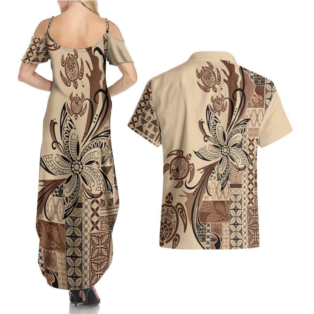 Talofa Samoa Mamanu Siapo Mix Malu Couples Matching Summer Maxi Dress and Hawaiian Shirt Classic Beige Frangipani and Turtles
