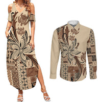 Talofa Samoa Mamanu Siapo Mix Malu Couples Matching Summer Maxi Dress and Long Sleeve Button Shirt Classic Beige Frangipani and Turtles