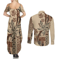Talofa Samoa Mamanu Siapo Mix Malu Couples Matching Summer Maxi Dress and Long Sleeve Button Shirt Classic Beige Frangipani and Turtles