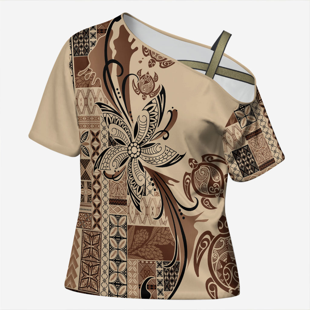 Talofa Samoa Mamanu Siapo Mix Malu Cross Shoulder Shirt Classic Beige Frangipani and Turtles