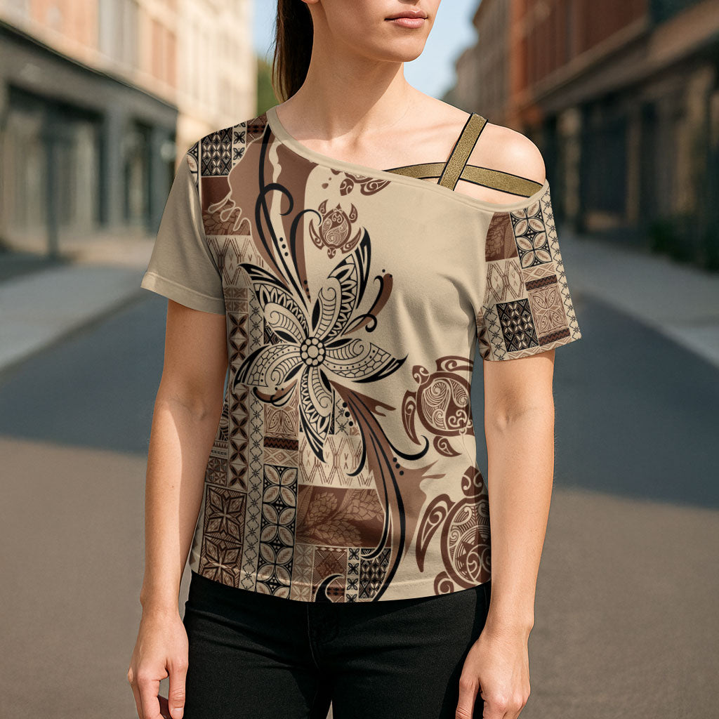 Talofa Samoa Mamanu Siapo Mix Malu Cross Shoulder Shirt Classic Beige Frangipani and Turtles