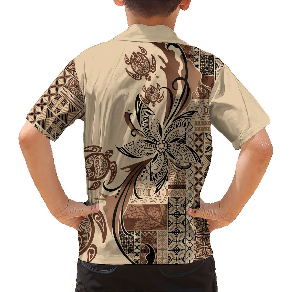 Talofa Samoa Mamanu Siapo Mix Malu Family Matching Long Sleeve Bodycon Dress and Hawaiian Shirt Classic Beige Frangipani and Turtles LT7 - Polynesian Pride