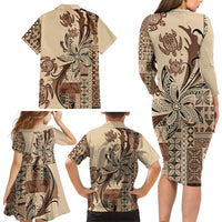 Talofa Samoa Mamanu Siapo Mix Malu Family Matching Long Sleeve Bodycon Dress and Hawaiian Shirt Classic Beige Frangipani and Turtles LT7 - Polynesian Pride