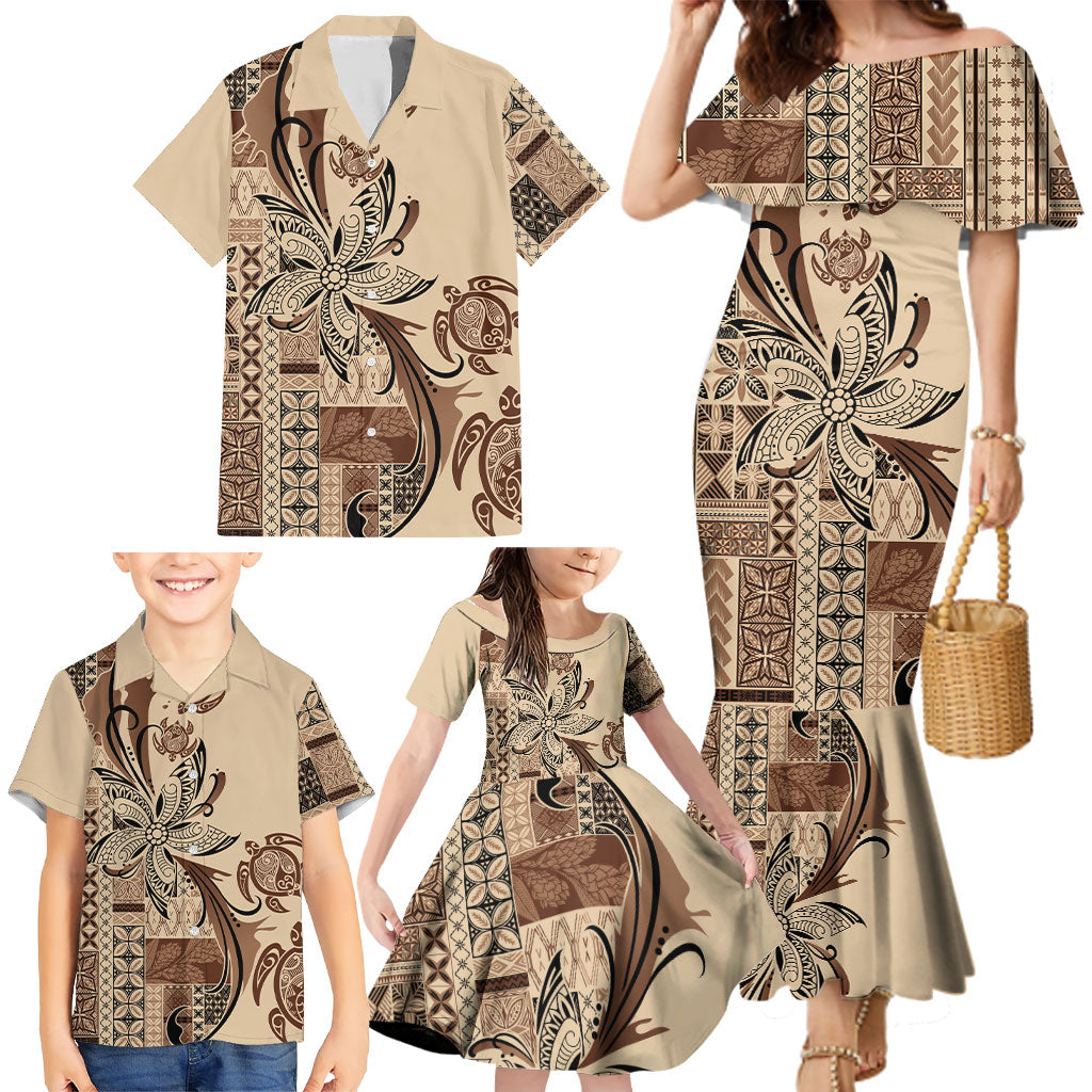 Talofa Samoa Mamanu Siapo Mix Malu Family Matching Mermaid Dress and Hawaiian Shirt Classic Beige Frangipani and Turtles