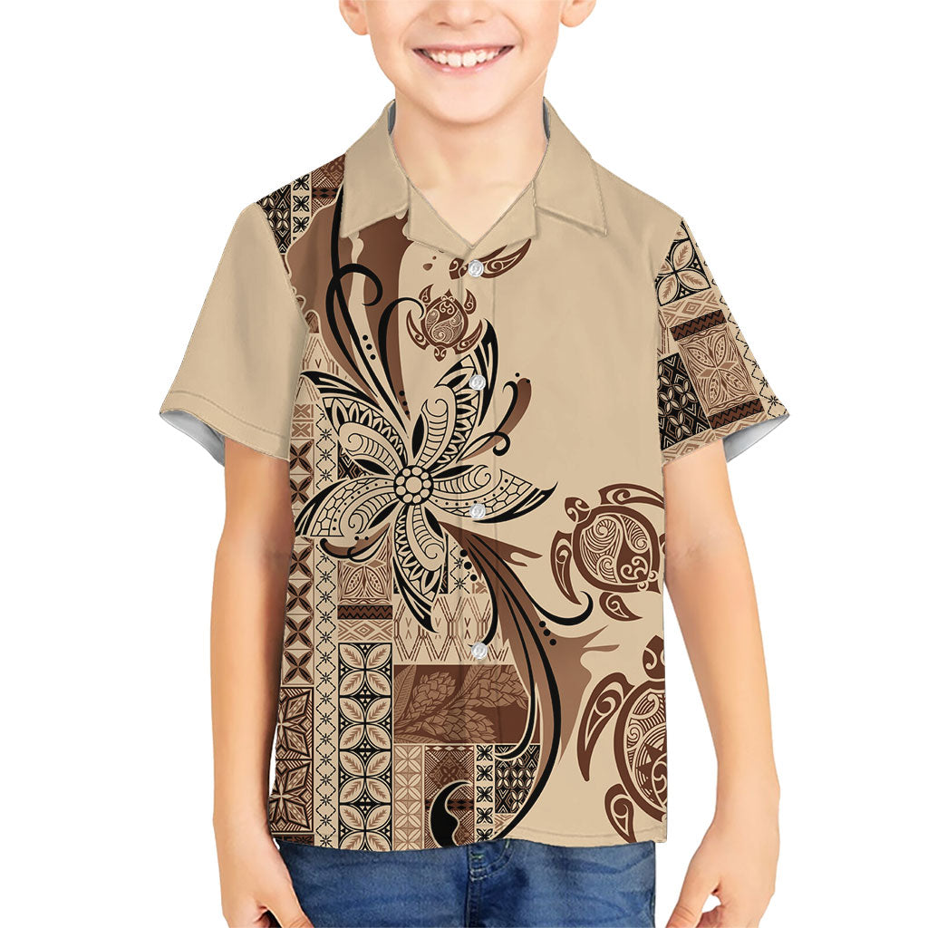 Talofa Samoa Mamanu Siapo Mix Malu Family Matching Off The Shoulder Long Sleeve Dress and Hawaiian Shirt Classic Beige Frangipani and Turtles LT7 Son's Shirt Beige - Polynesian Pride