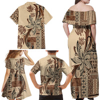 Talofa Samoa Mamanu Siapo Mix Malu Family Matching Off Shoulder Maxi Dress and Hawaiian Shirt Classic Beige Frangipani and Turtles