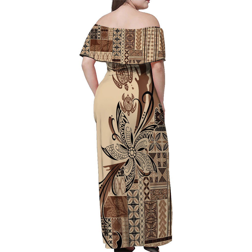 Talofa Samoa Mamanu Siapo Mix Malu Family Matching Off Shoulder Maxi Dress and Hawaiian Shirt Classic Beige Frangipani and Turtles