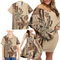 Talofa Samoa Mamanu Siapo Mix Malu Family Matching Off Shoulder Short Dress and Hawaiian Shirt Classic Beige Frangipani and Turtles