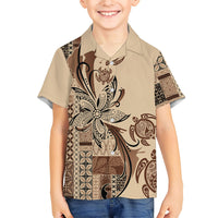 Talofa Samoa Mamanu Siapo Mix Malu Family Matching Short Sleeve Bodycon Dress and Hawaiian Shirt Classic Beige Frangipani and Turtles LT7 Son's Shirt Beige - Polynesian Pride