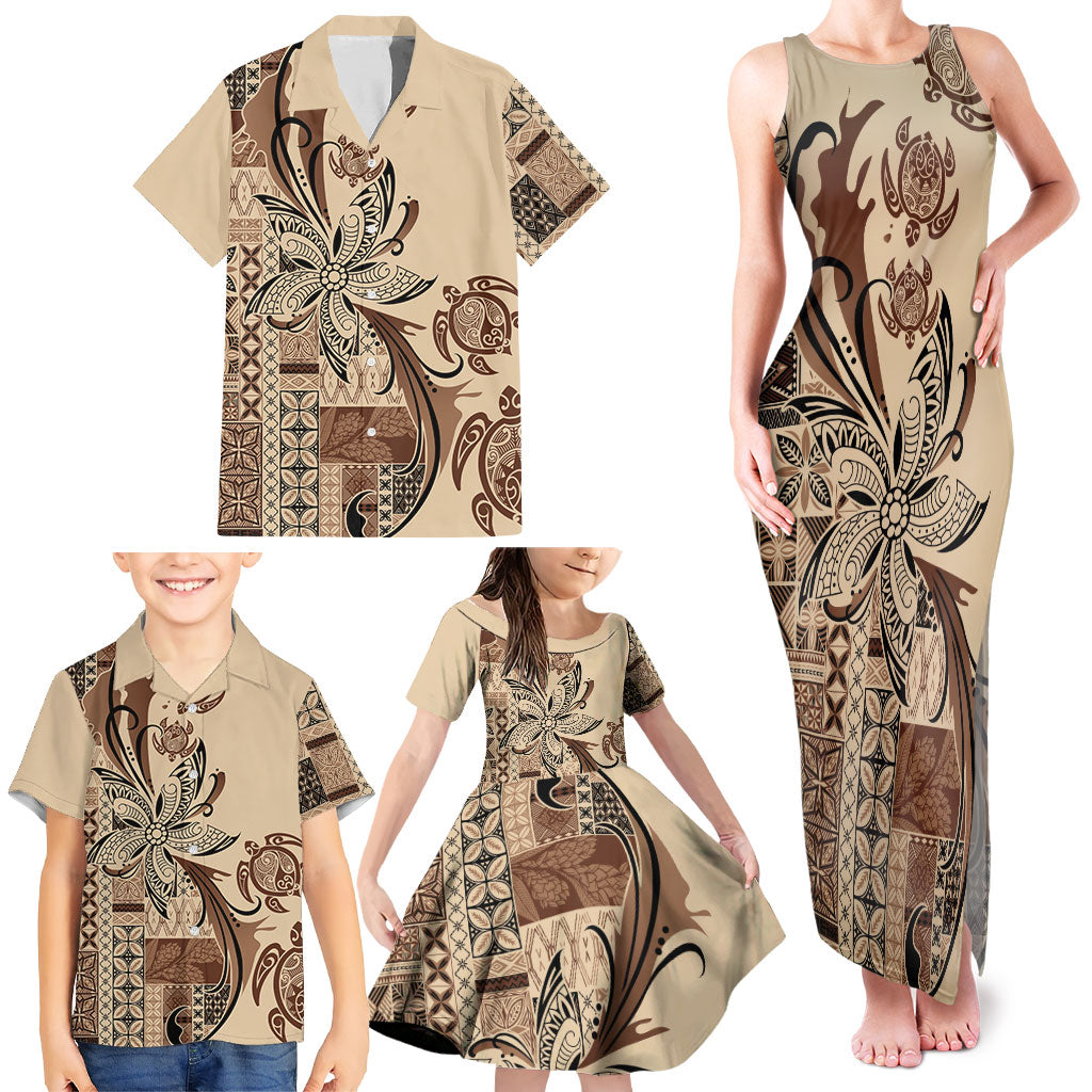 Talofa Samoa Mamanu Siapo Mix Malu Family Matching Tank Maxi Dress and Hawaiian Shirt Classic Beige Frangipani and Turtles LT7 - Polynesian Pride