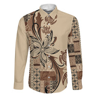 Talofa Samoa Mamanu Siapo Mix Malu Family Matching Tank Maxi Dress and Hawaiian Shirt Classic Beige Frangipani and Turtles LT7 Dad's Shirt - Long Sleeve Beige - Polynesian Pride