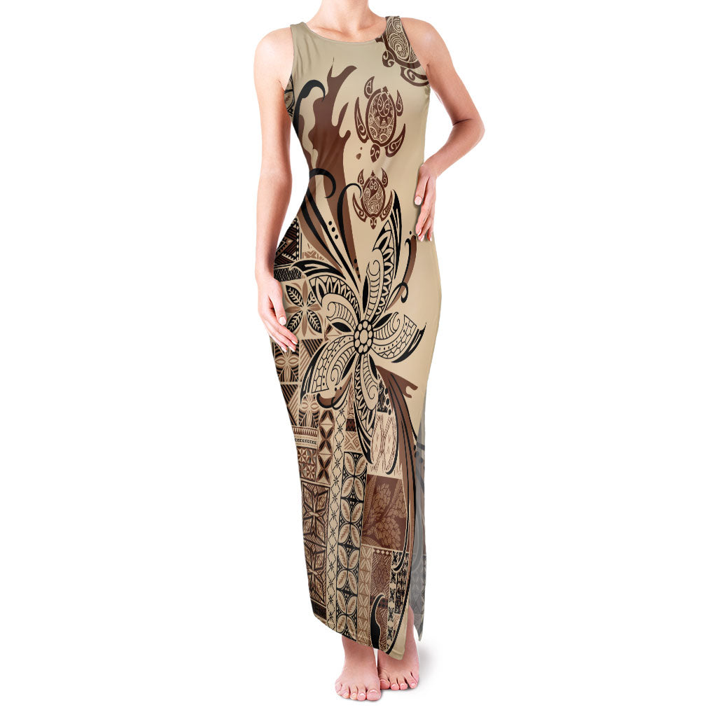 Talofa Samoa Mamanu Siapo Mix Malu Family Matching Tank Maxi Dress and Hawaiian Shirt Classic Beige Frangipani and Turtles LT7 Mom's Dress Beige - Polynesian Pride