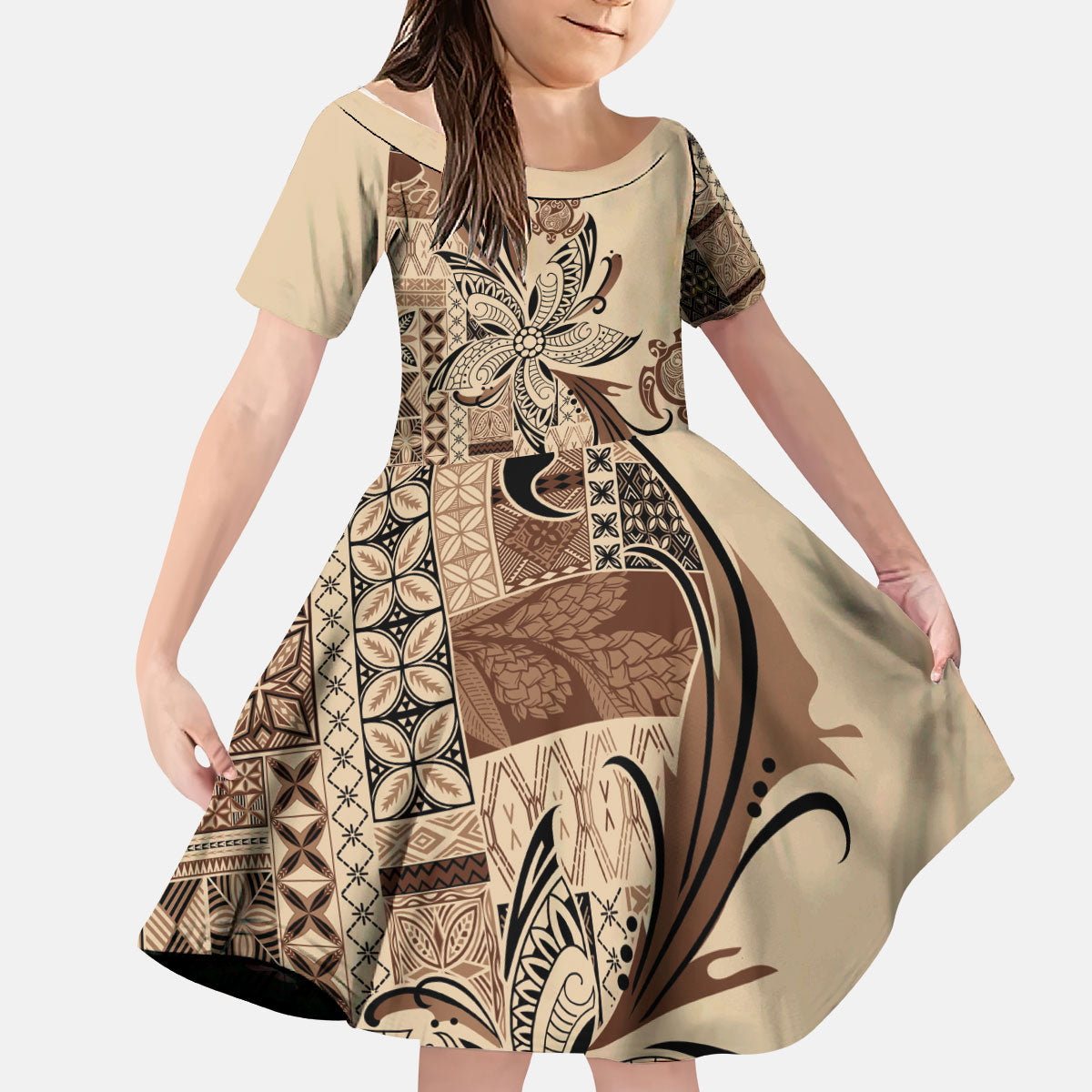 Talofa Samoa Mamanu Siapo Mix Malu Kid Short Sleeve Dress Classic Beige Frangipani and Turtles