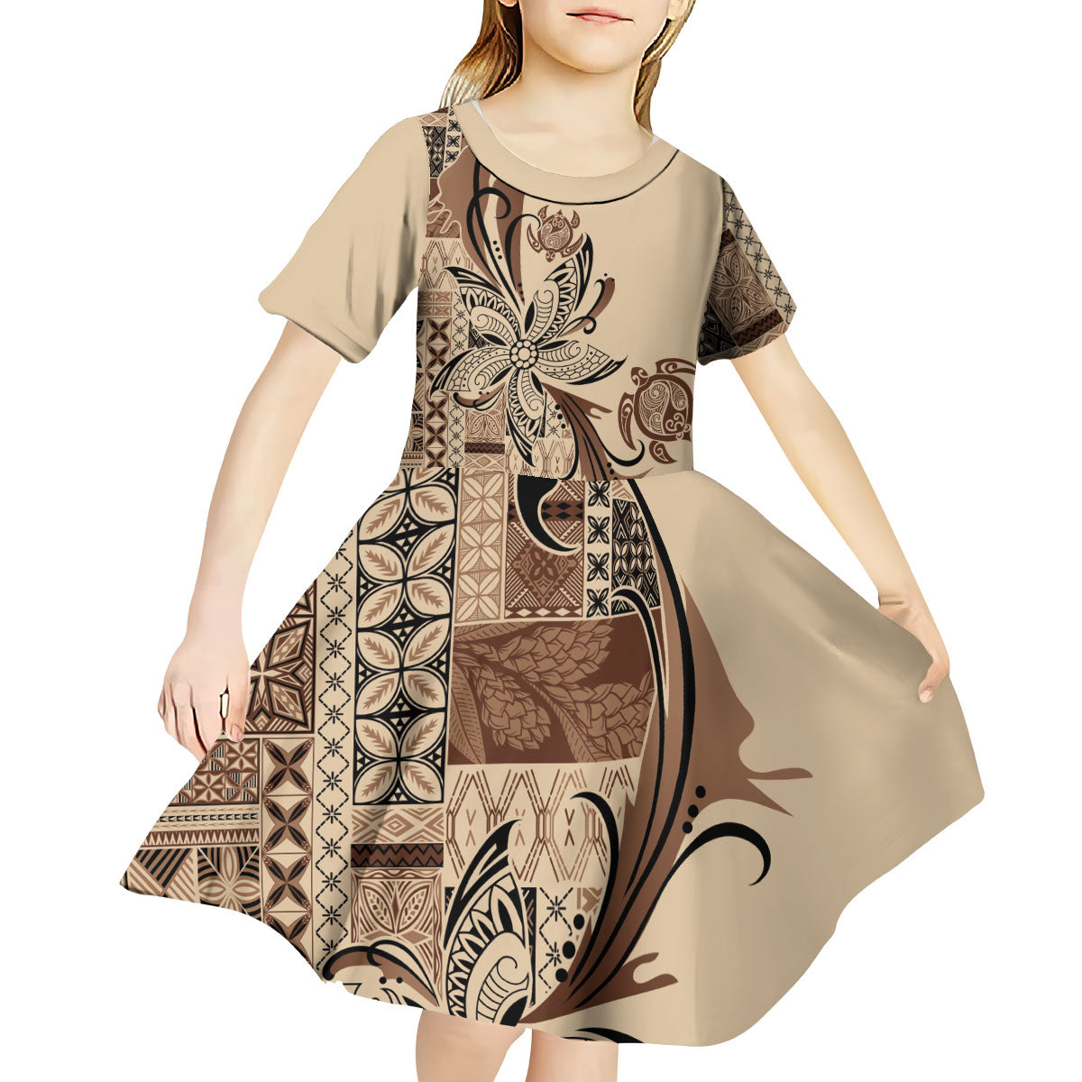 Talofa Samoa Mamanu Siapo Mix Malu Kid Short Sleeve Dress Classic Beige Frangipani and Turtles