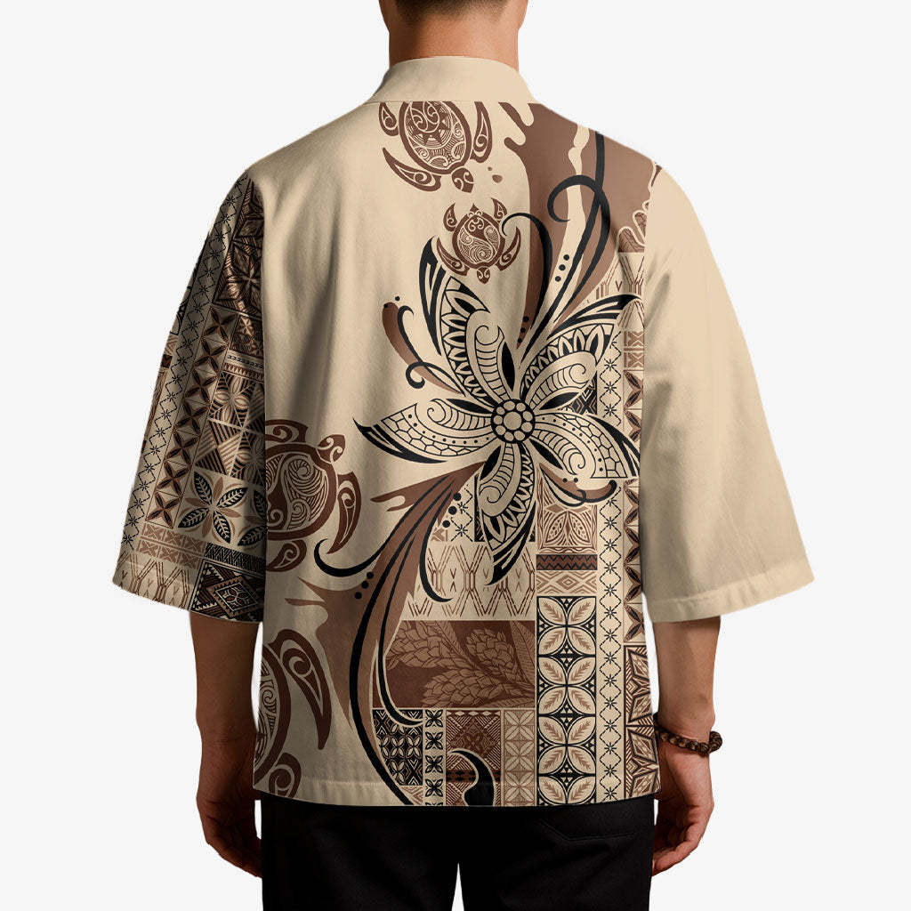 Talofa Samoa Mamanu Siapo Mix Malu Kimono Classic Beige Frangipani and Turtles