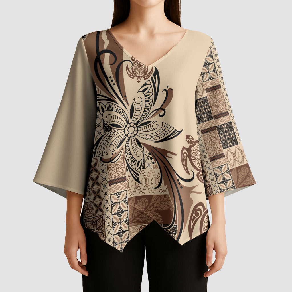 Talofa Samoa Mamanu Siapo Mix Malu Kimono Sleeve Blouse Classic Beige Frangipani and Turtles
