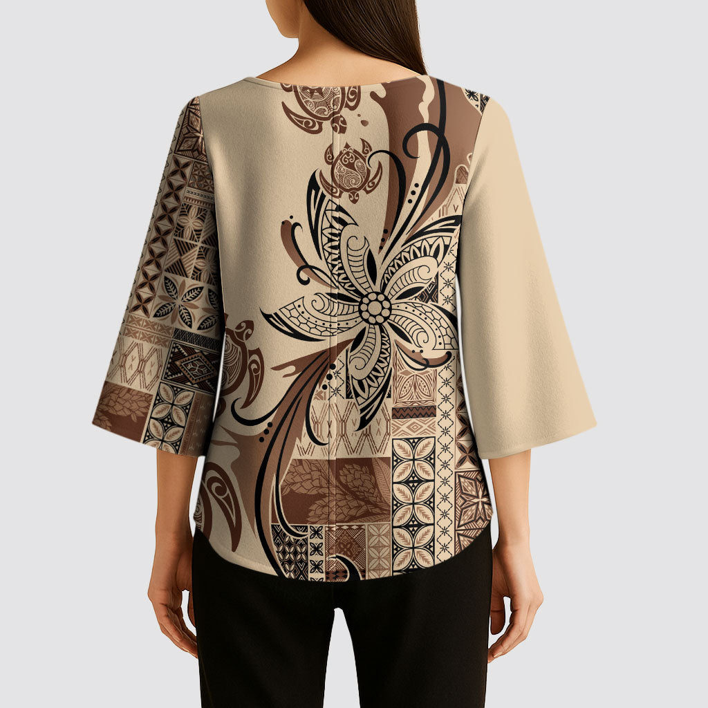 Talofa Samoa Mamanu Siapo Mix Malu Kimono Sleeve Blouse Classic Beige Frangipani and Turtles